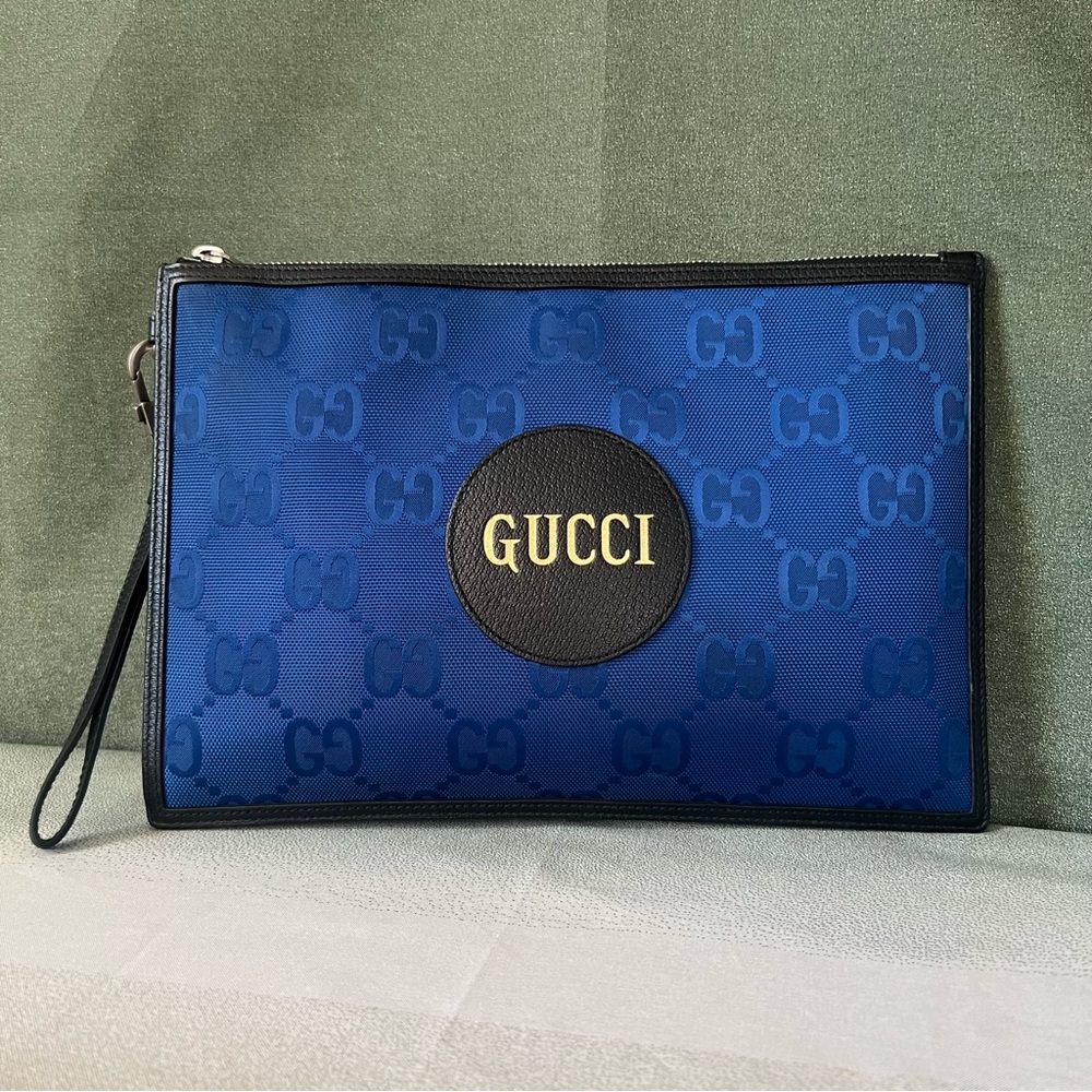 Gucci Econyl Nylon Monogram Off The Grid Zip Pouch Wristlet Blue